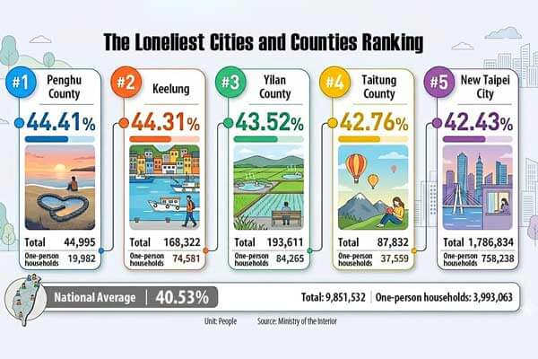 猜猜看！全台「最孤獨」的縣市是哪裡？台灣單身戶首破 4 成．．．