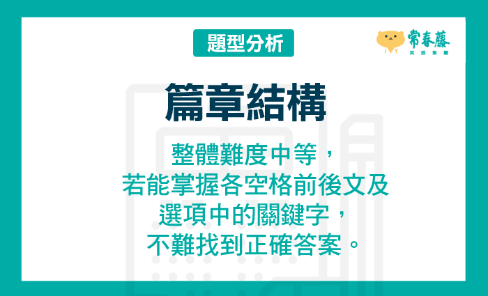 整體難度中等，若能掌握各空格前後文及選項中的關鍵字，不難找到正確答案